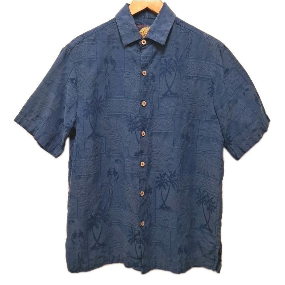 Caribbean Camp Shirt Mens M Blue Silk Cotton Hawaiian Parrot Button Up Casual